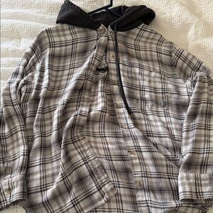 American Eagle Outfitters Plaid Button Down Shirt with Hood - Gray and Black